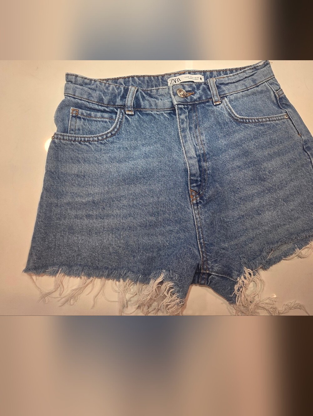 Zara Light Blue Denim High-Rise Frayed Hem Shorts